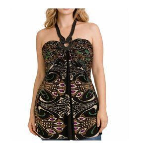 Made in USA top blouse black and chain detail halter style black printed SZ SM
